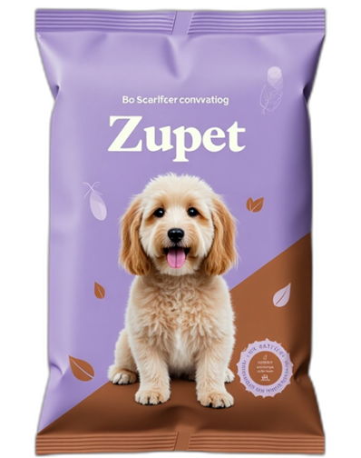 Bag of dog food with a Dog